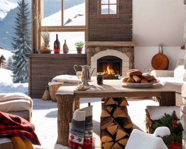 Cozy winter cabin scene with festive decorations