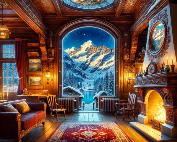 Cozy Wooden Room with Mountain View and Fireplace