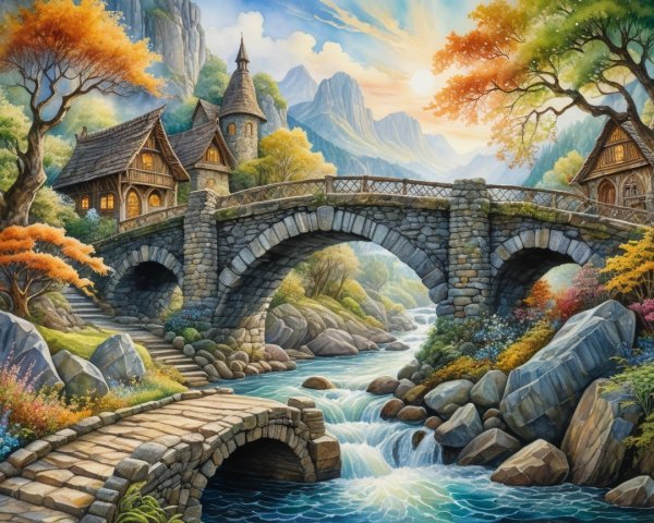 Charming Stone Bridge Over Flowing River in Autumn