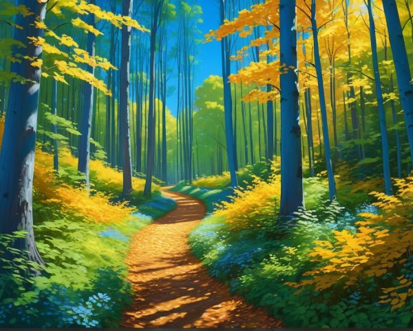 Autumn Forest Path with Vibrant Foliage and Sunlight