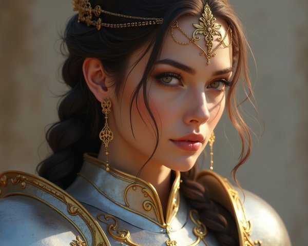 Young Woman in Silver Armor with Braided Hair