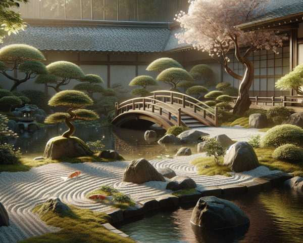 Tranquil Japanese Garden with Pond and Cherry Blossoms