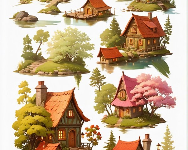 Whimsical Cottages Surrounded by Lush Nature