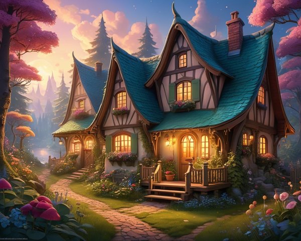 Whimsical Cottage Surrounded by Blossoms and Trees