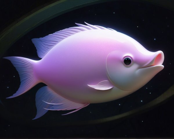 Cartoonish fish floating in a starry cosmos scene
