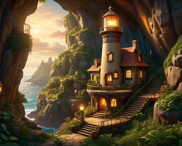 Lighthouse Overlooking Ocean at Sunset with Cliffs