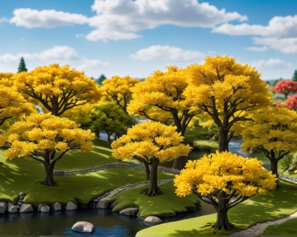 Vibrant Landscape with Yellow-Leaved Trees and Stream