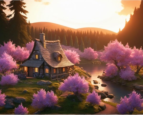 Cottage by River Surrounded by Cherry Blossoms and Mountains