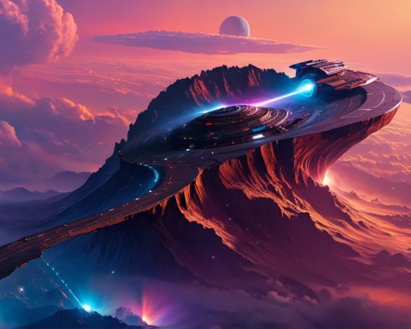 Futuristic Spaceship Over Surreal Mountain Landscape