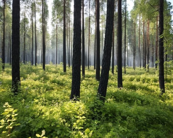 Serene Forest Landscape with Tall Trees and Mist