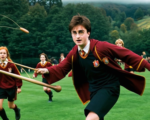 Young Witches and Wizards Playing Quidditch Outdoors