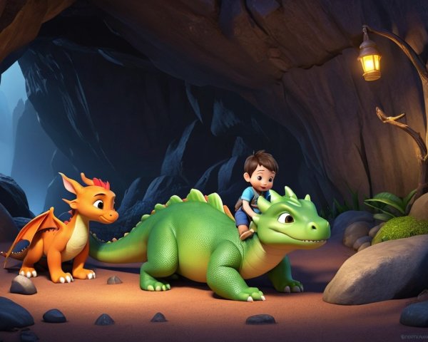 Young boy rides friendly green dragon in magical cave