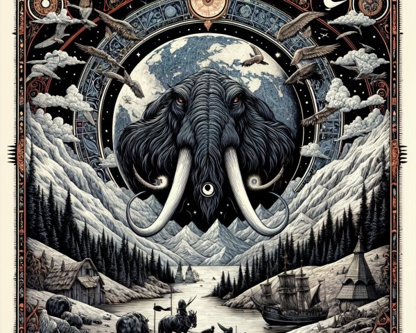 Mammoth Head Against Cosmic Landscape and Patterns
