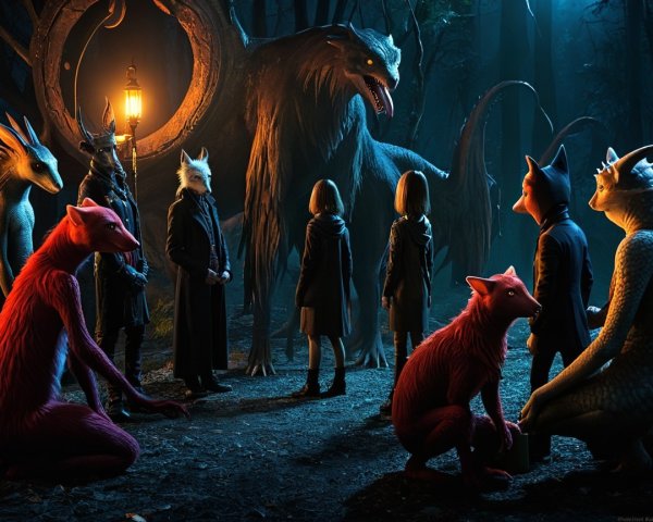 Mystical Forest Encounter with Creatures and Humans