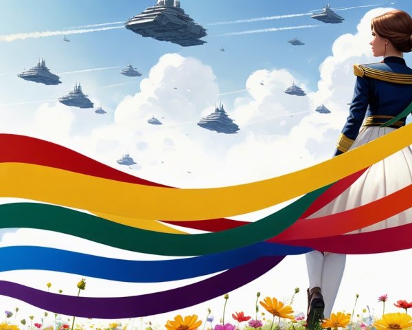 Futuristic scene with woman, spacecraft, and vibrant ribbons
