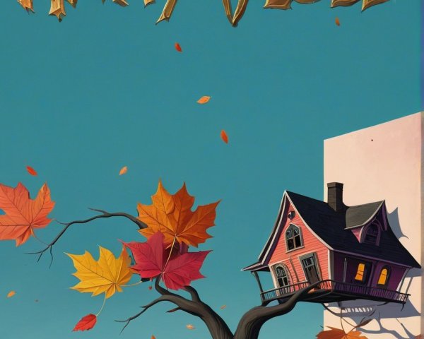 Whimsical Tree with Autumn Leaves and Pink House