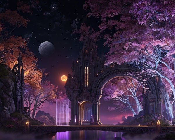 Mystical Landscape with Starry Sky and Vibrant Trees