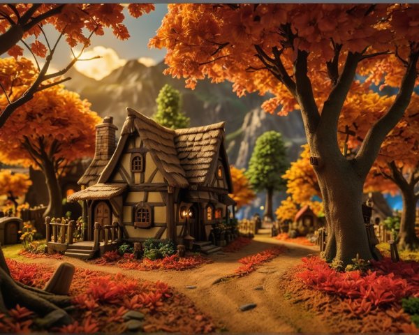 Cottage Surrounded by Vibrant Autumn Foliage and Mountains