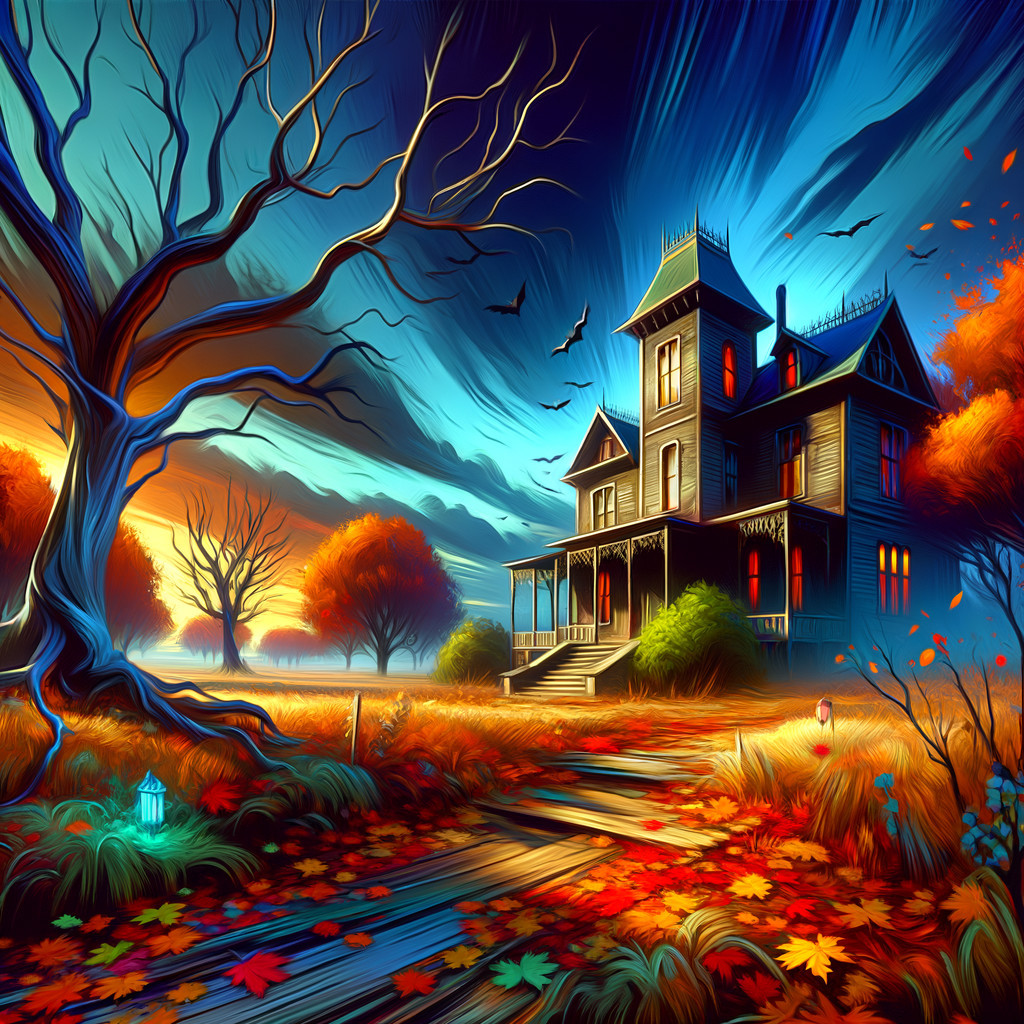 Haunted House Illustration with Twilight Sky and Bats