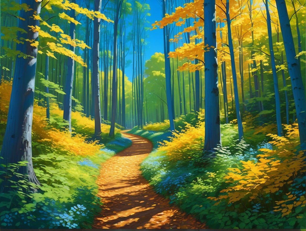 Autumn Forest Path with Vibrant Foliage and Sunlight