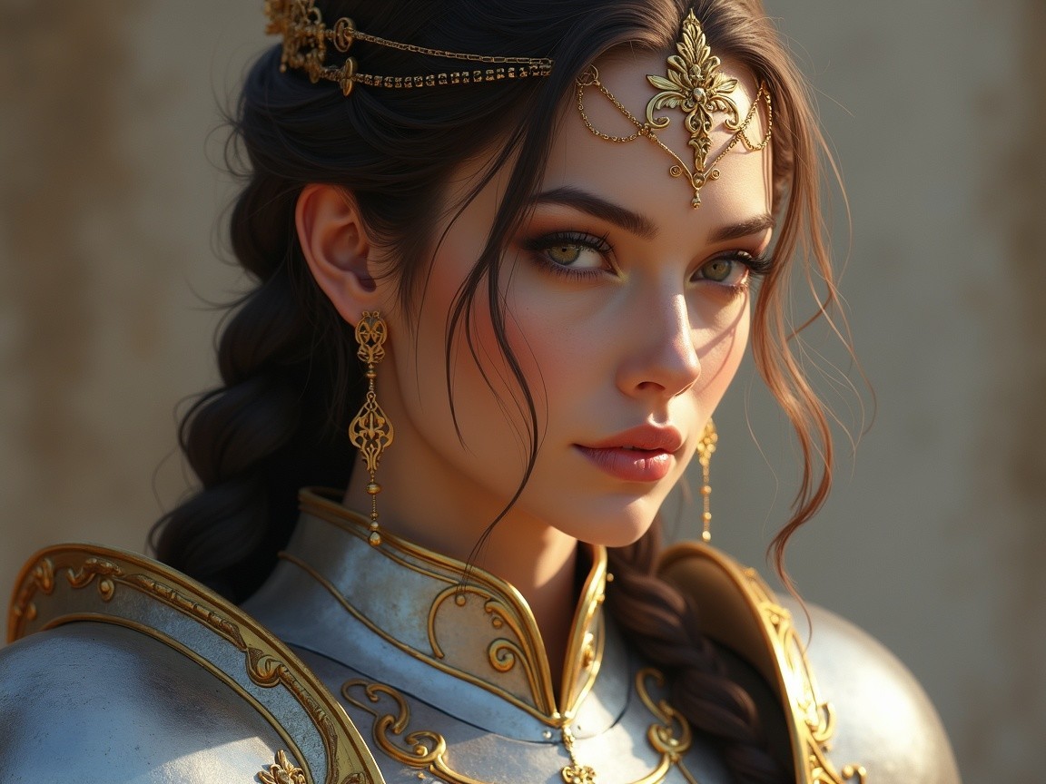 Young Woman in Silver Armor with Braided Hair