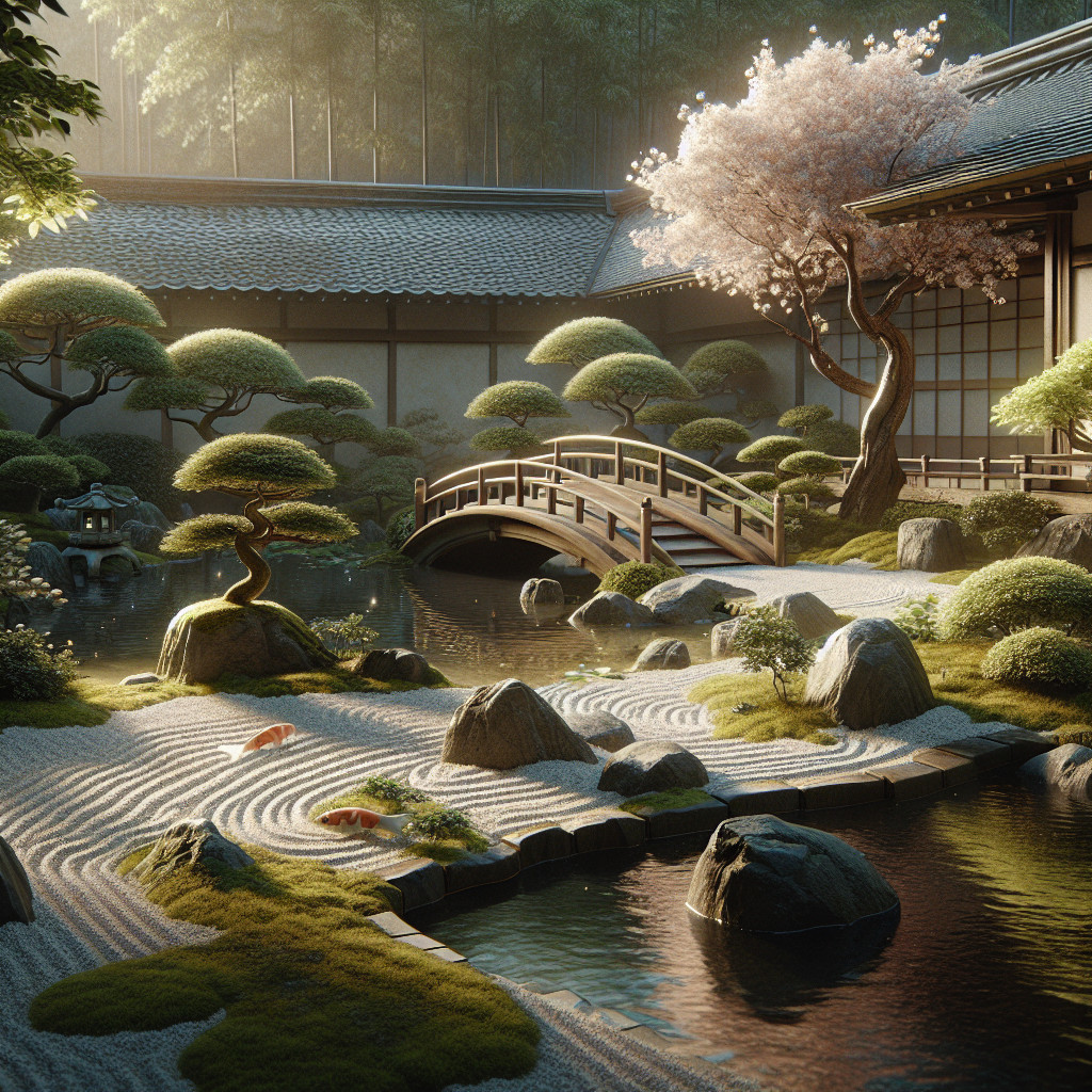 Tranquil Japanese Garden with Pond and Cherry Blossoms