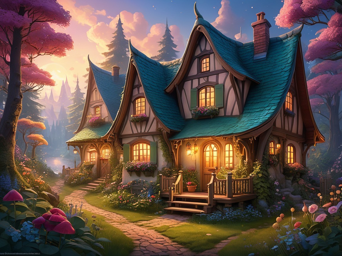 Whimsical Cottage Surrounded by Blossoms and Trees