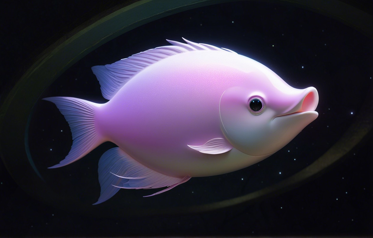 Cartoonish fish floating in a starry cosmos scene