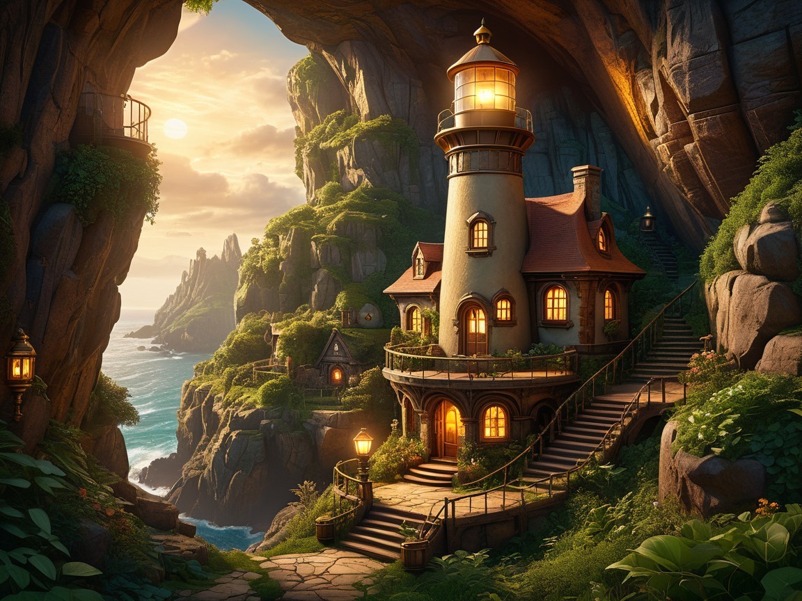 Lighthouse Overlooking Ocean at Sunset with Cliffs
