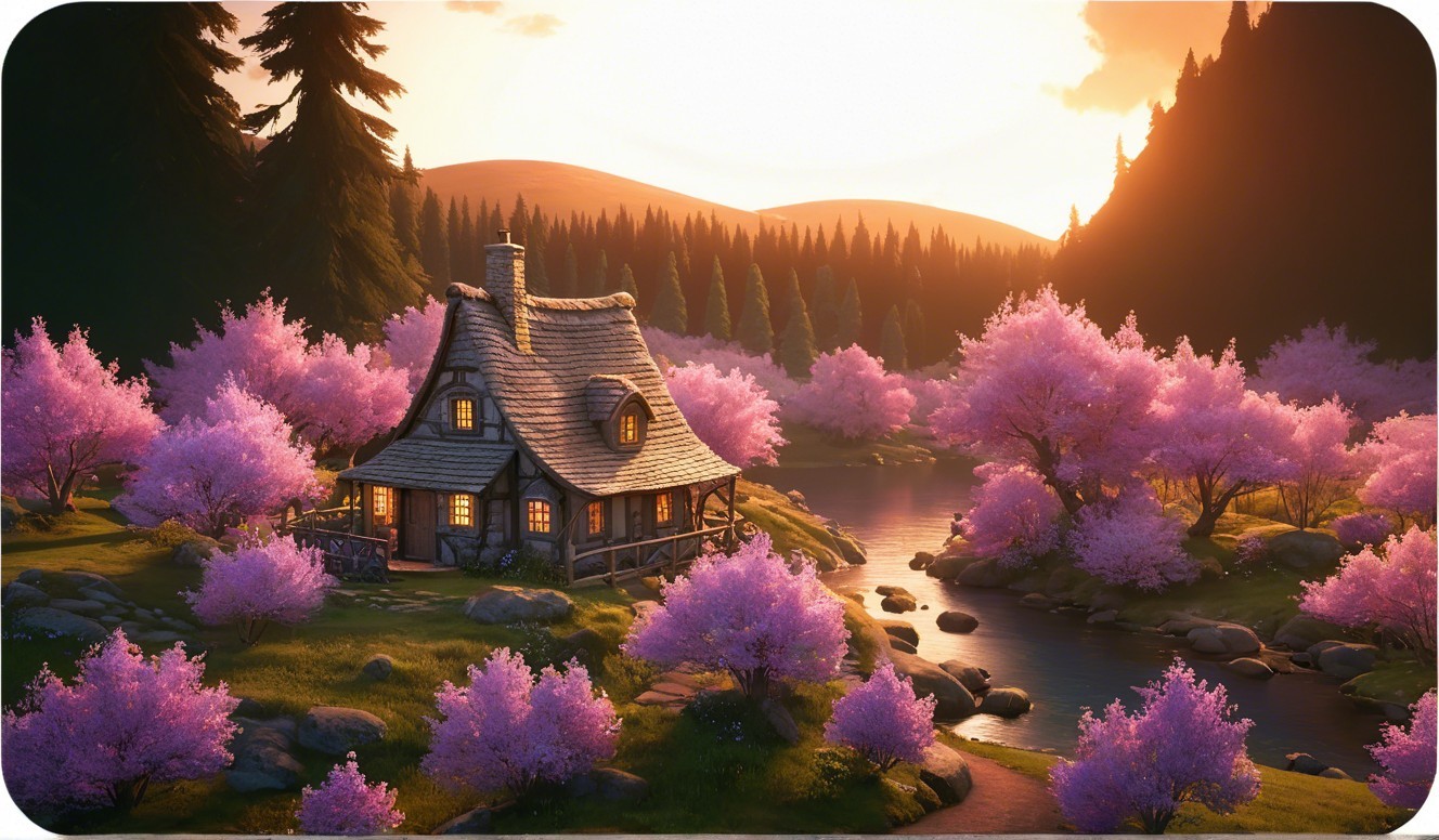 Cottage by River Surrounded by Cherry Blossoms and Mountains