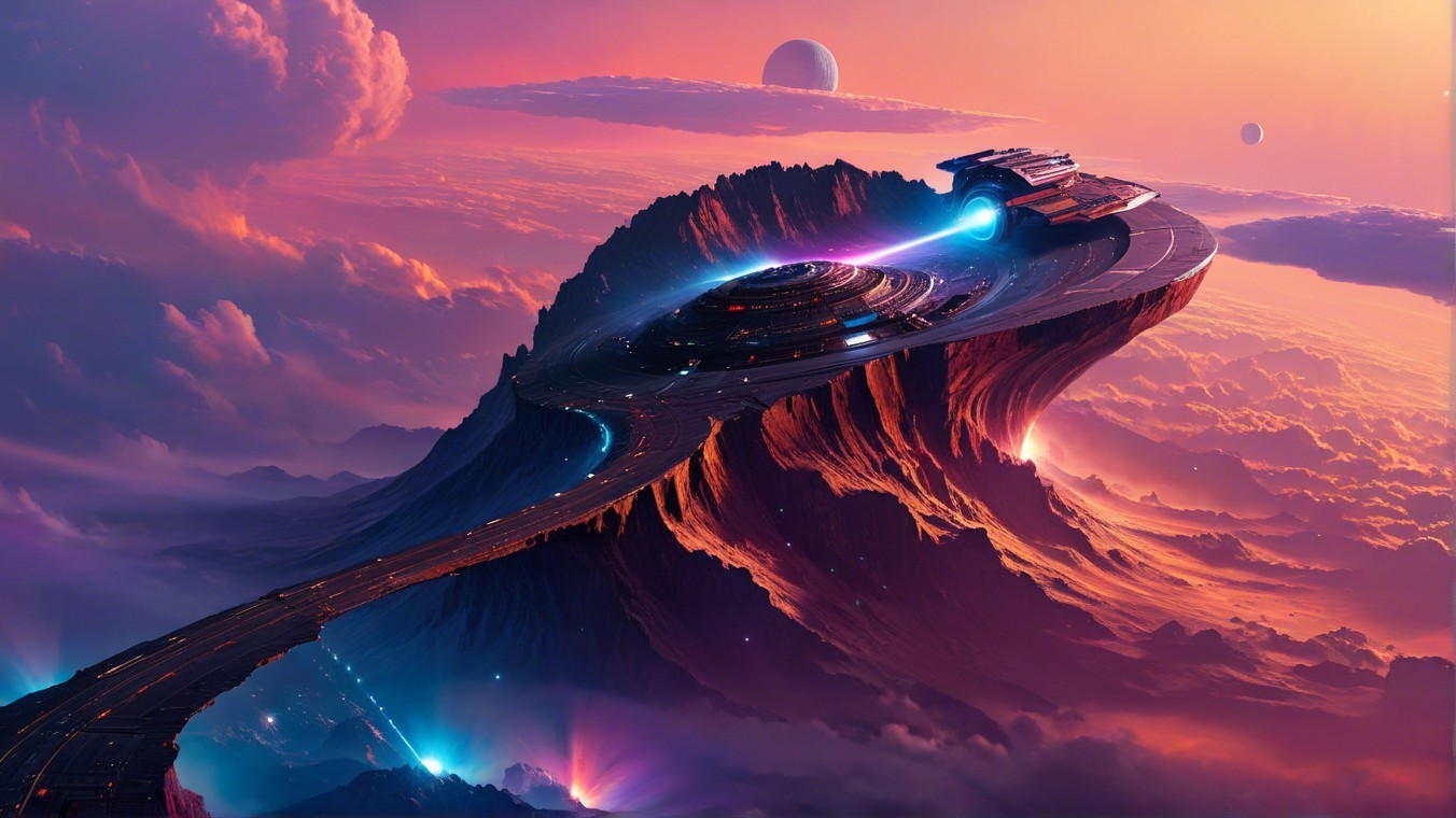 Futuristic Spaceship Over Surreal Mountain Landscape