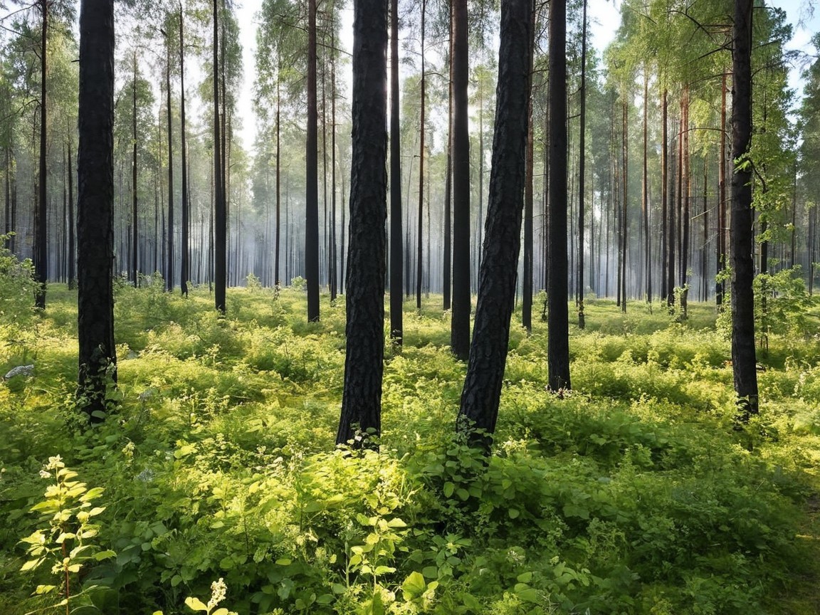 Serene Forest Landscape with Tall Trees and Mist