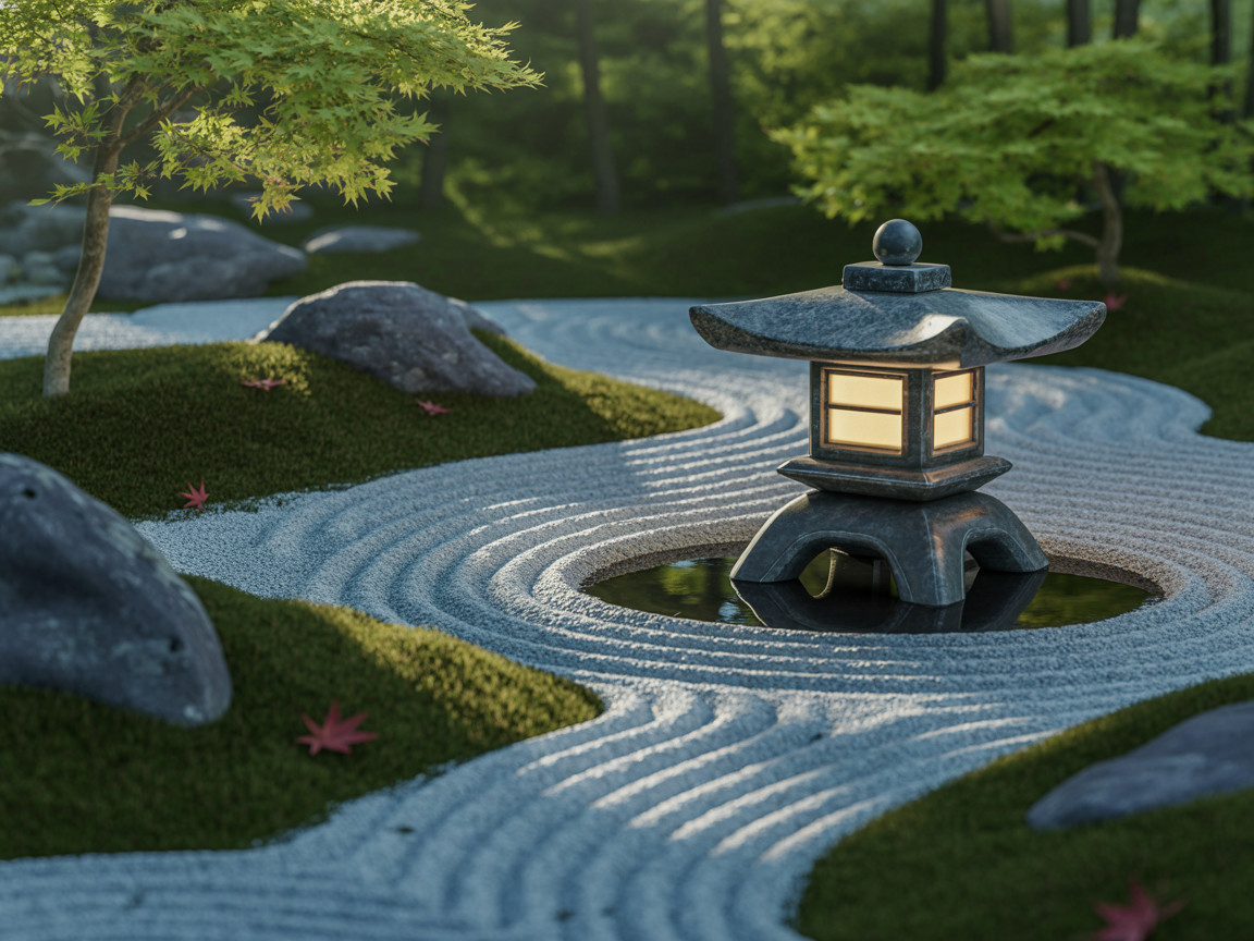 Serene Japanese Garden with Twilight Lantern and Moss