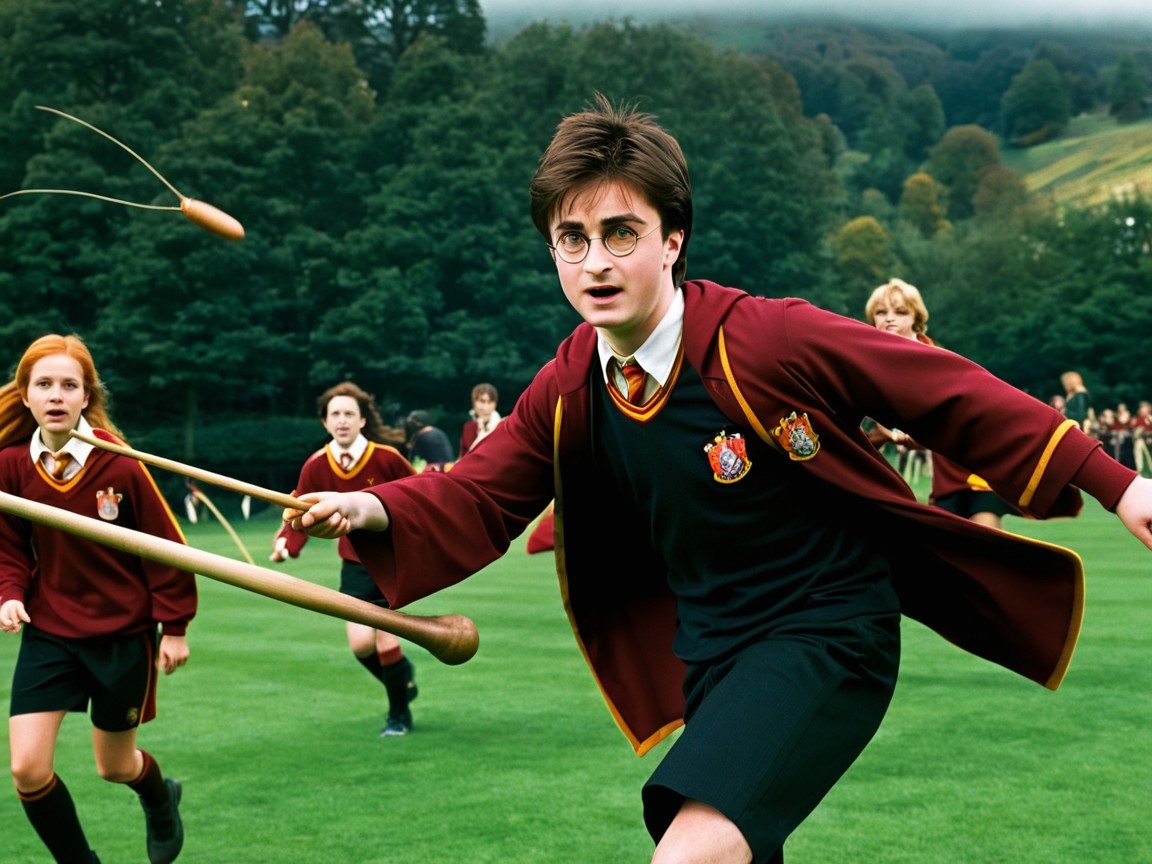 Young Witches and Wizards Playing Quidditch Outdoors