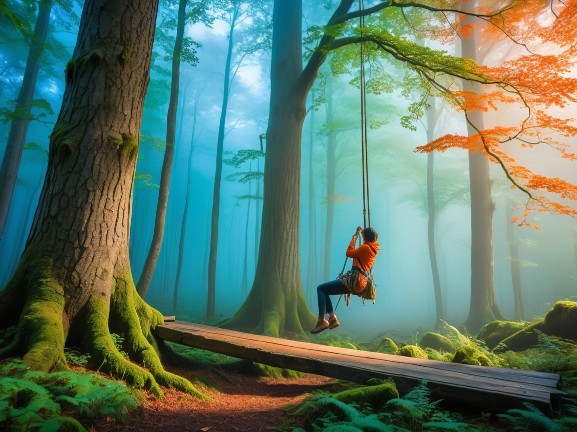 Mystical Forest with Swing and Dawn Light