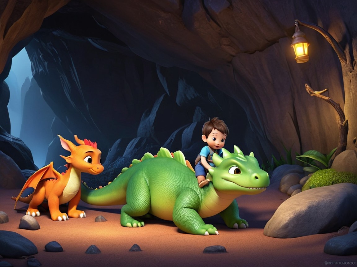Young boy rides friendly green dragon in magical cave