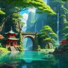 Tranquil Landscape with Mountains and Waterfalls