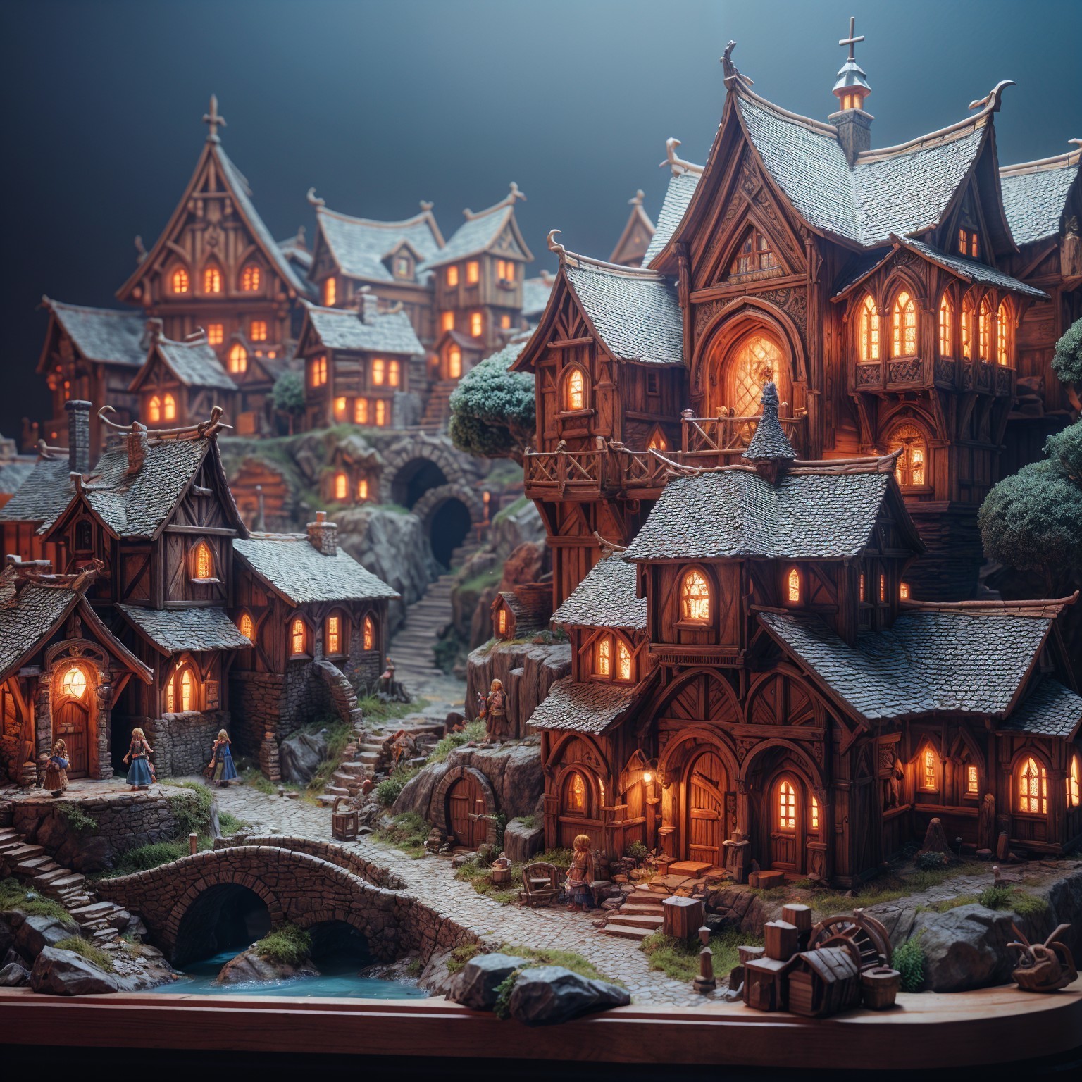 Miniature village with wooden houses and glowing lights