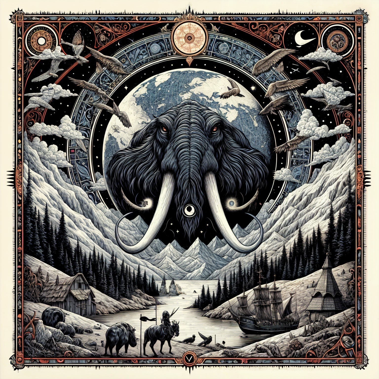 Mammoth Head Against Cosmic Landscape and Patterns