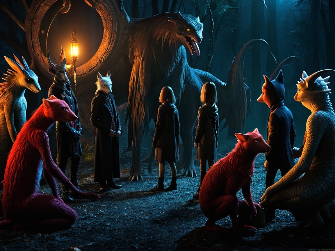 Mystical Forest Encounter with Creatures and Humans