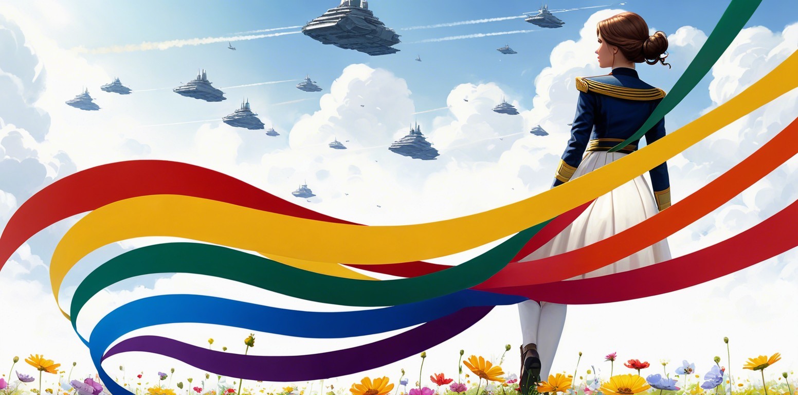 Futuristic scene with woman, spacecraft, and vibrant ribbons