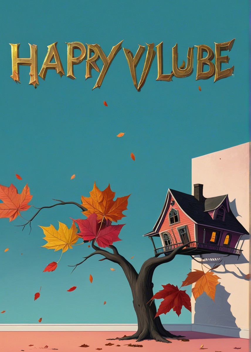 Whimsical Tree with Autumn Leaves and Pink House