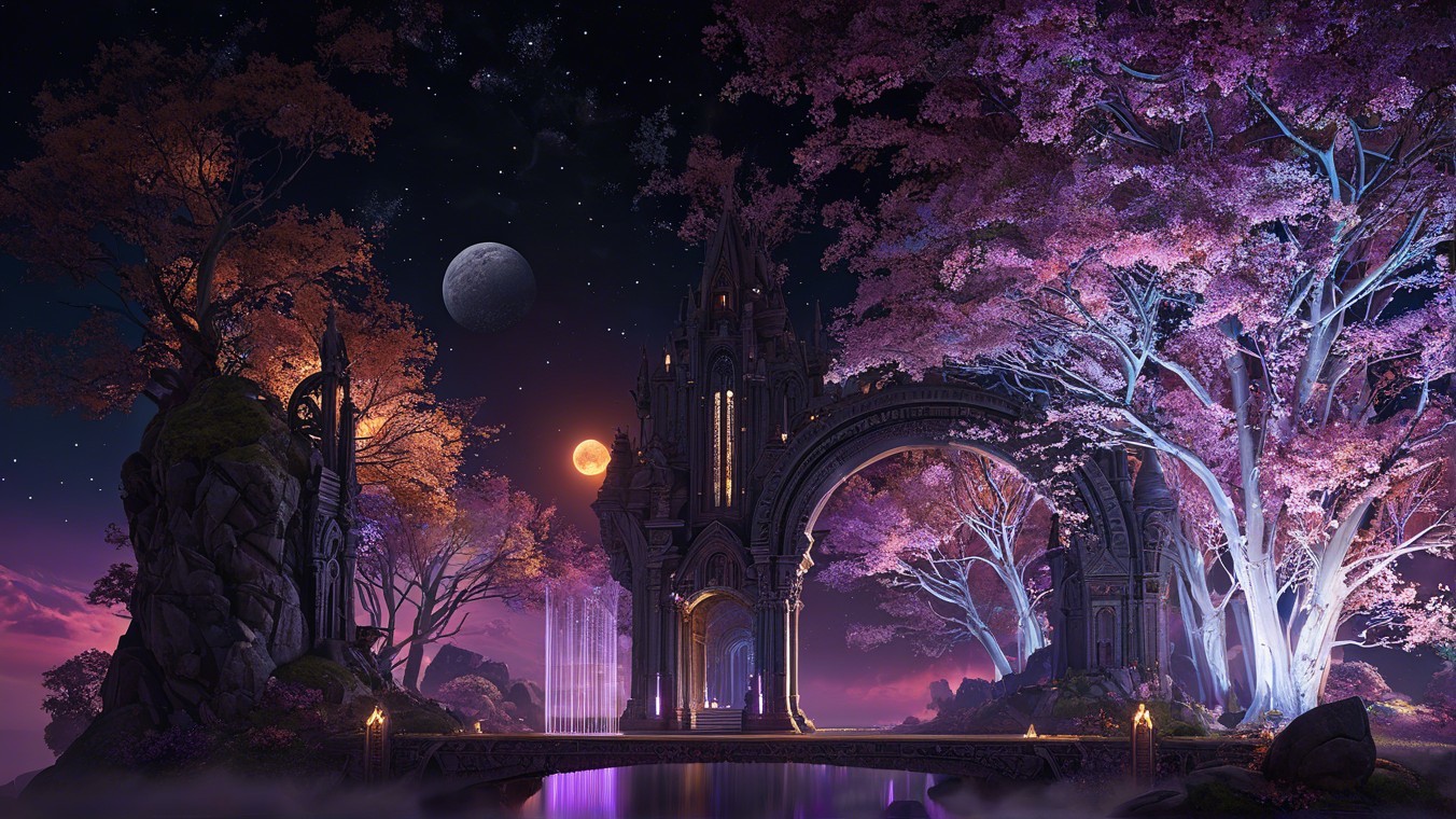 Mystical Landscape with Starry Sky and Vibrant Trees