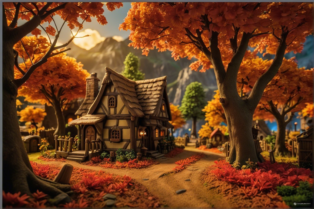 Cottage Surrounded by Vibrant Autumn Foliage and Mountains