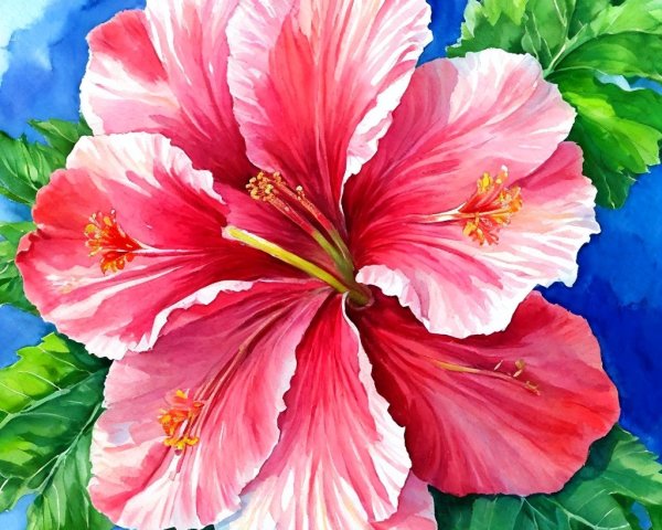 Vibrant Pink Hibiscus Flower with Green Leaves