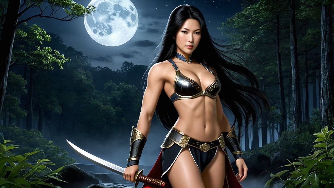 Fierce Warrior Under Full Moon in Lush Forest