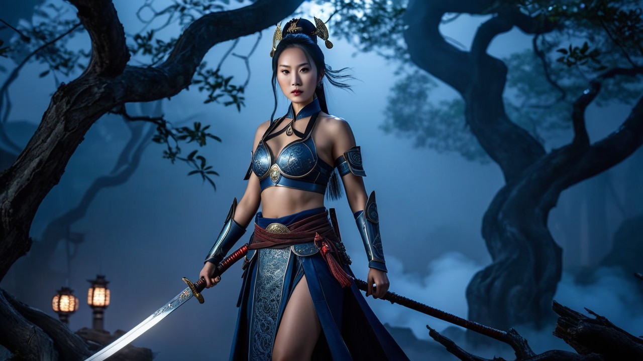 Warrior in Enchanted Forest with Ornate Armor and Sword