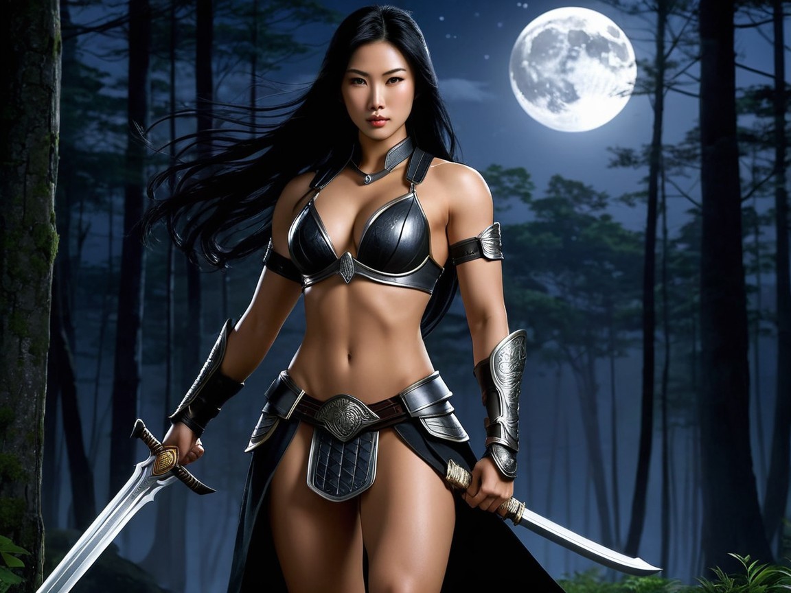 Warrior in Tactical Armor in Moonlit Forest Setting