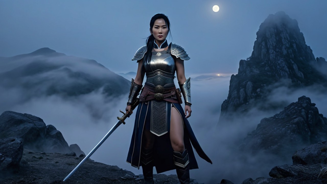 Fierce warrior in armor on rocky terrain under moonlight