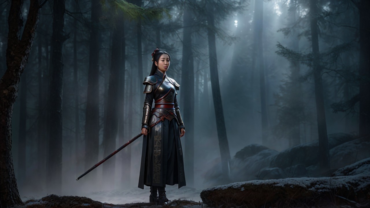 Warrior in Intricate Armor Stands in Misty Forest